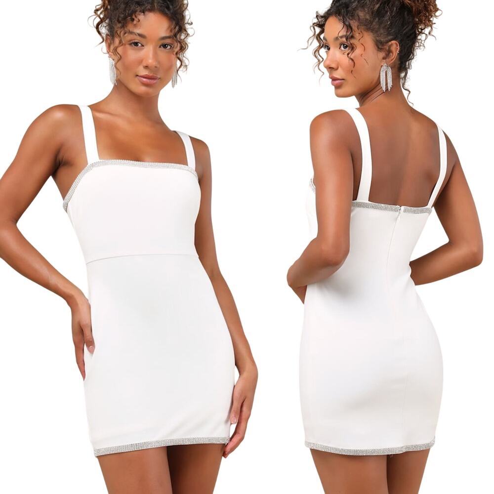 Lulus Glowing Allure White Rhinestone Sleeveless Bodycon Mini Dress size M NWT
